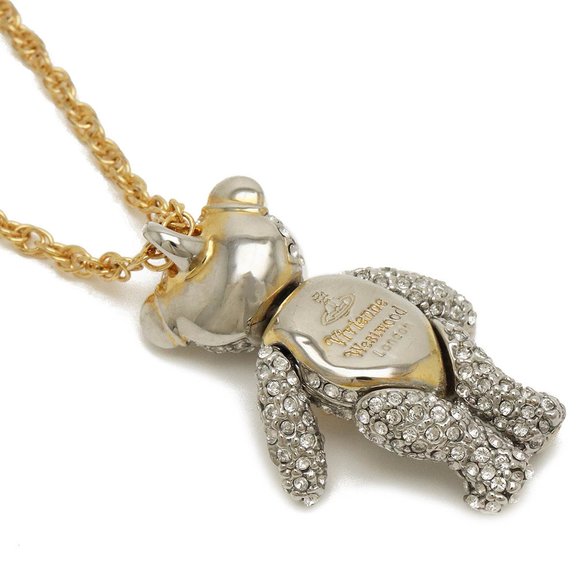 Vivienne Westwood Teddy Bear Motif Necklace Pendant Rhinestone Silver Gold Color - Picture 4 of 6